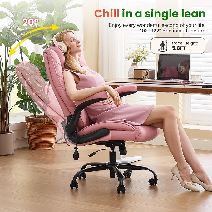 500lbs Big and Tall Office Chair with Inflatable Lumbar Support, Rubber Wheels Executive Chair with Rocking Function, High Back Wide Cushion Leather Ergonomic Computer Desk Chair for All-Day Sitting