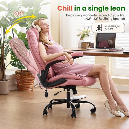 500lbs Big and Tall Office Chair with Inflatable Lumbar Support, Rubber Wheels Executive Chair with Rocking Function, High Back Wide Cushion Leather Ergonomic Computer Desk Chair for All-Day Sitting