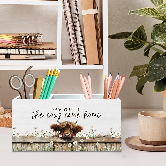 DILSJ Highland Cow Decor Pen Pencil Holder Organizer for Desk, Highland Cow Gifts for Women, Love Your Till the Cows Come Home Wooden Box Signs for Home Office Desk Tabletop Decoration
