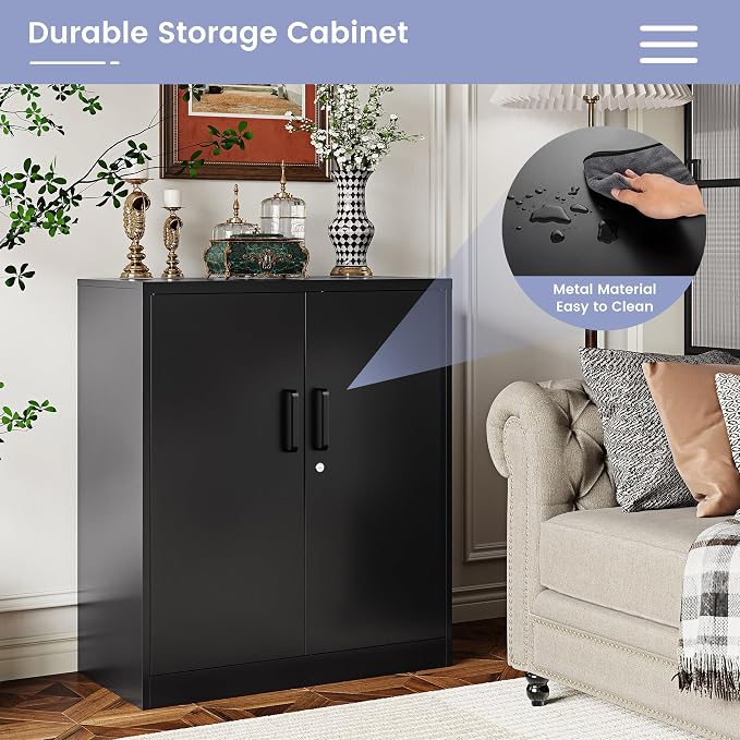 Metal Storage Cabinet, Garage Storage Cabinet with Locking Doors and Adjustable Shelves for Garage,Home,Office and School (Assembly Required，Black)