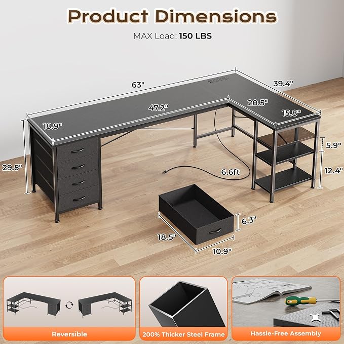 Huuger 63 Inch L Shaped Desk with Fabric Drawers, Reversible Computer Gaming Desk with Power Outlets and USB-C Port, Adjustable Side Storage Shelves, for Work Study Corner Home Office, Black