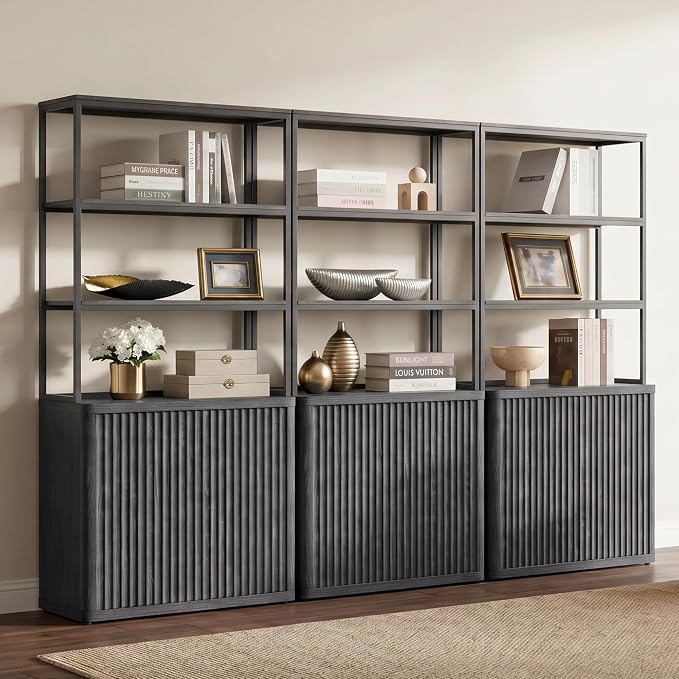 SICOTAS Book Shelf Fluted Bookshelf 71" Tall Bookcase with Doors Storage 5 Tier Mid Century Modern Bookshelves Large Shelves Metal Book Cases for Living Room Office Kitchen Library