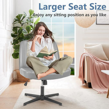 DUMOS Criss Cross Chair No Wheels, Wide Seat Cross Legged Office Desk Vanity Chair, Faux Leather Armless Height Adjustable Swivel Task Computer Chairs for Home, Study, Grey PU