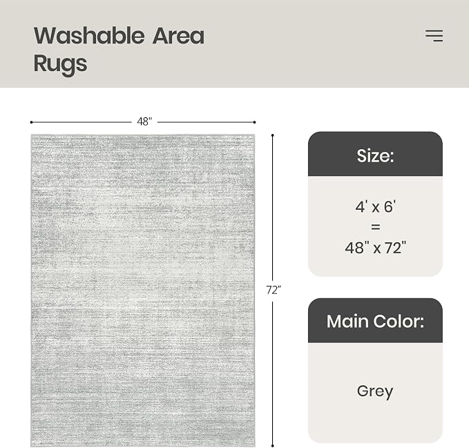 Valenrug Washable Rugs 4x6 - Stain Resistant 4x6 Area Rugs for Living Room, Non Slip Backing Printed Rugs for Bedroom, Folable Machine Washable Area Rug(4'x6', Grey)