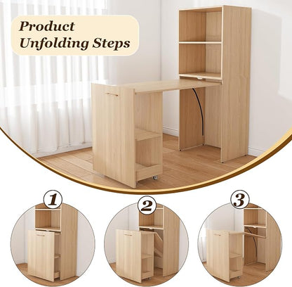 Foldable Expandable Desk Cabinet with Storage Shelves, Rolling Caster Base, Magnetic Closure, Retractable Workstation Unit for Small Spaces, Home Office Study Writing Table Organizer (Natural Wood)