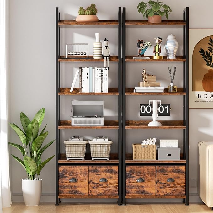Furologee 6-Tier Bookshelf, Tall 71" Rustic Bookcase with 2 Drawers Storage Organizer, Industrial Display Free Standing Shelf Units, Wood and Metal Storage Rack for Home Office, Bedroom, Rustic Brown | Bookcase