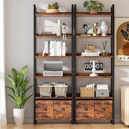 Furologee 6-Tier Bookshelf Set of 2,Tall Bookcase with 2 Drawers and Shelves, Industrial Display Free Standing Shelf Units, Storage Rack Organizer for Bedroom, Living Room, Home Office, Rustic Brown