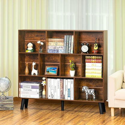 LEYAOYAO 10 Cube Bookshelf,3 Tier Modern Wide Bookcase with Legs,Mid-Century Wood Bookshelves Storage,Brown Large Book Case,Freestanding Organizer Display Shelf for Bedroom,Living Room,Office