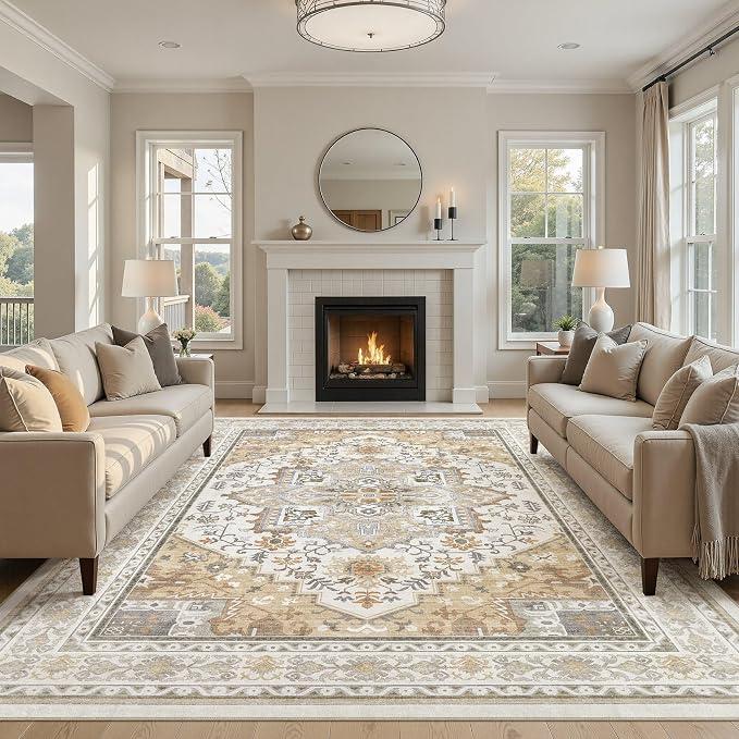 UERMEI 10x12 Area Rug for Living Room - Washable Vintage Carpet, Non-Slip Soft Large Indoor Floor Rugs for Bedroom Home Office & Under Dining Table Decor, Brown Beige