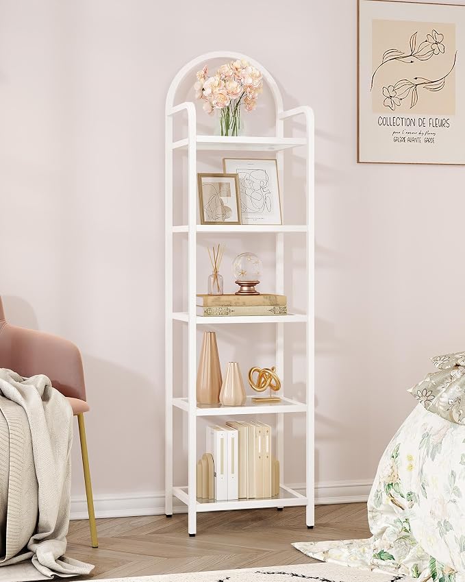 Hzuaneri Bookcase Bookshelf, Tempered Glass Bookshelves, Slim Shelving Unit for Bedroom, Bathroom, Home Office, Steel Frame, 5 Tier White BC05099W