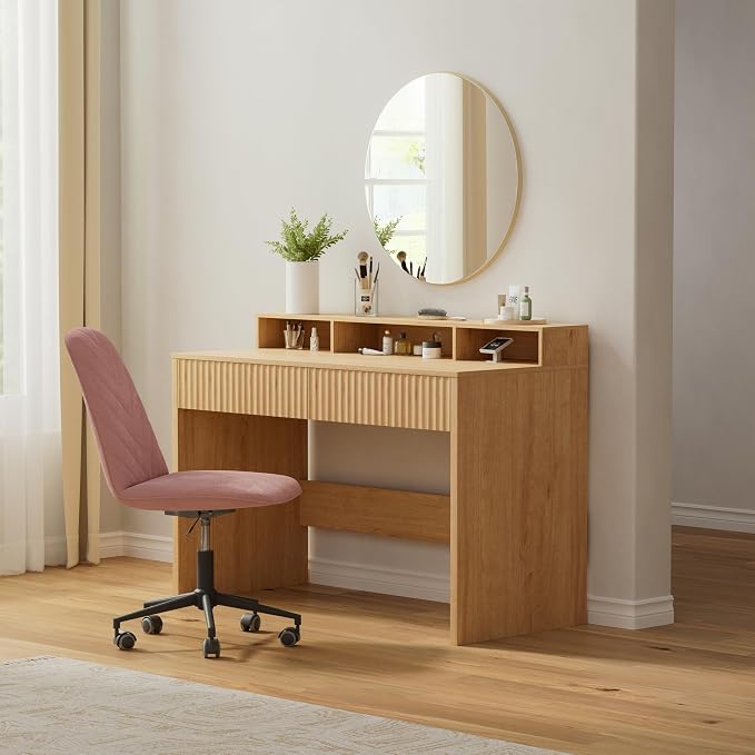 EYYTHUNG 47" Fluted Office Desk with Storage Shelf, Modern Wood Executive Desk with Long Monitor Stand & 2 Drawers, Home Writing Study Computer Table Vanity Desk, Natural Oak