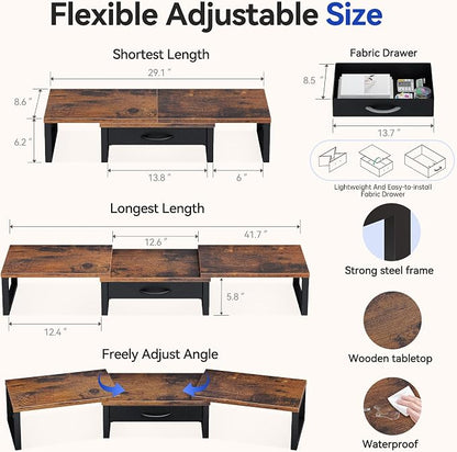 Desk Organizers and Accessories, Dual Monitor Stand Riser with Drawer, Computer Monitor Stand, Adjustable Desk Shelf for PC Laptop Printer TV, Brown