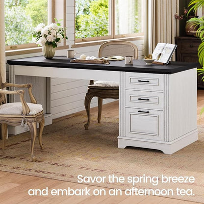 Itaar Farmhouse 55" Executive Desk, Computer Desk with Storage Drawers and Power Outlet, Home Office Desk, Workstation for Office Home, White