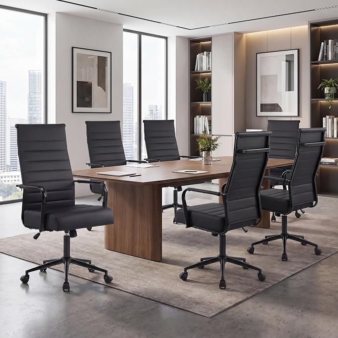 Office Desk Chair, Modern Leather Conference Room Chairs with High Back,Wheels and Arms, Ergonomic Executive Ribbed Height Adjustable Swivel Chair for Home Office (Black Frame)