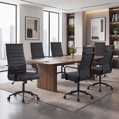 Office Desk Chair, Modern Leather Conference Room Chairs with High Back,Wheels and Arms, Ergonomic Executive Ribbed Height Adjustable Swivel Chair for Home Office (Black Frame)
