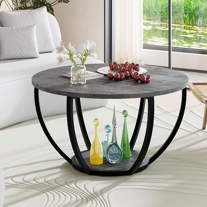 HOMERECOMMEND Round Coffee Table with Storage,2-Tier Wood Coffee Table for Living Room, Sofa Tables for Home Office,Grey