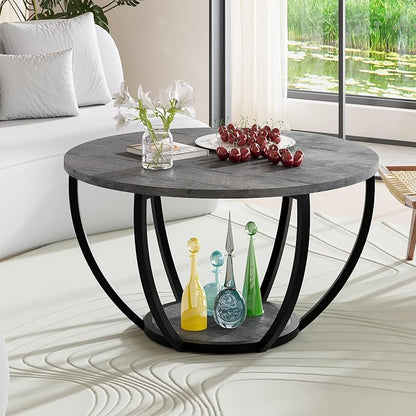 HOMERECOMMEND Round Coffee Table with Storage,2-Tier Wood Coffee Table for Living Room, Sofa Tables for Home Office,Grey