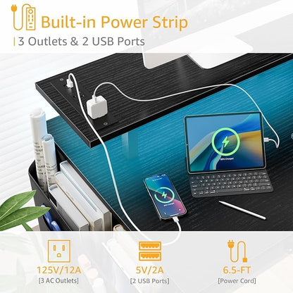 DLisiting Black Gaming Desk with Shelves and Drawers - 39 Inch Small Gaming Desk with Storage Shelves for Boys Teens Bedroom, Black Computer Desks with Drawers, Monitor Stand, Power Outlet