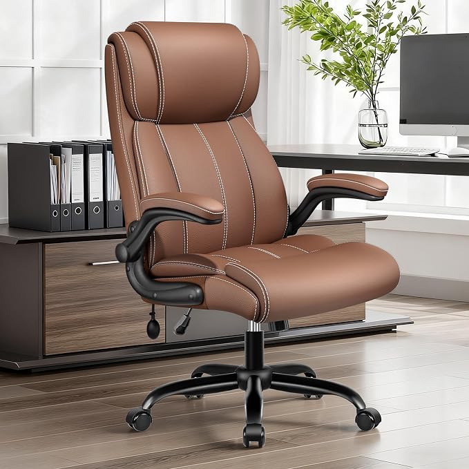 BESTFAIR Ergonomic Office Chair - Home Desk Computer Chair, Leather High Back Executive Chairs with Adjustable Lumbar Support & Flip-up Arms, Rocking Swivel Comfy, Brown