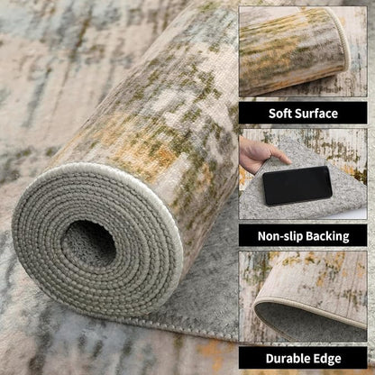 Ciicool Modern Abstract Rug for Living Room, 5'x7' Machine Washable Soft Area Rug Non-Slip Rug, Low-Pile Contemporary Indoor Dining Floor Carpet for Bedroom Office Under Table Home Decor Beige Green