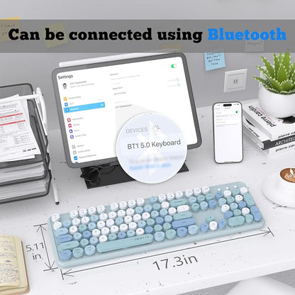 UBOTIE Dual Mode Colorful Wireless Keyboard, Bluetooth and USB Receiver Retro Typewriter Round Keycaps Keyboard Support Multi Devices for PC Laptop Tablet Phones(Blue Colorful)