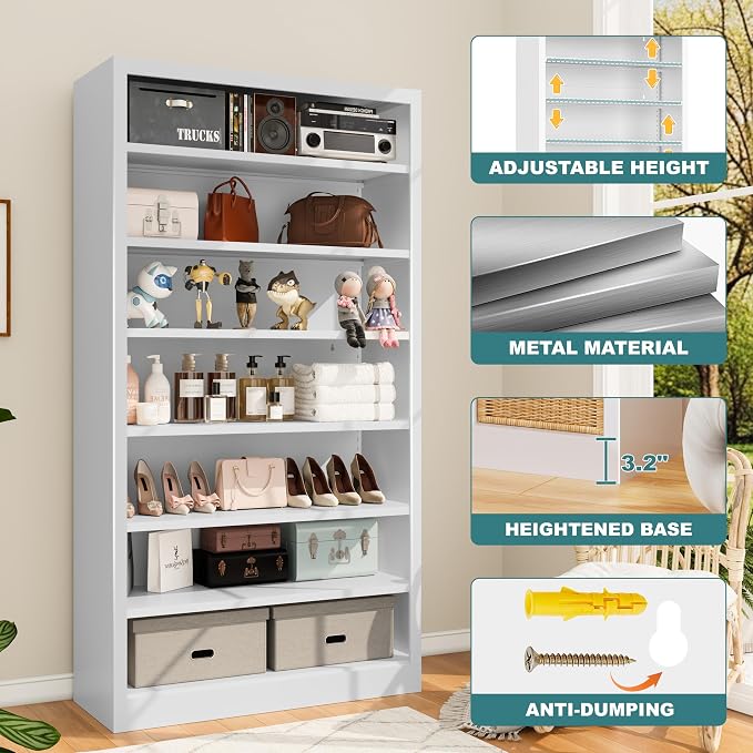 Bookcase,7 Tier Bookshelf,55" Tall Free Standing Metal Bookcase with Adjustable Storage Shelves,Wide Bookshelf for Bedroom Living Room Home Office School (White, 7 Tier 55"H x 27.5"W x 11.8"D)