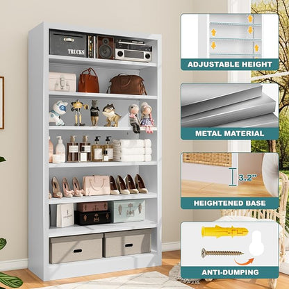 Bookcase,7 Tier Bookshelf,55" Tall Free Standing Metal Bookcase with Adjustable Storage Shelves,Wide Bookshelf for Bedroom Living Room Home Office School (White, 7 Tier 55"H x 27.5"W x 11.8"D)