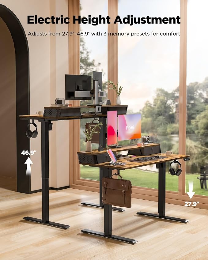FiCiHi 35x20 Inch Standing Desk with Drawers, C-Clamp Mount Compatible, Electric Adjustable Height Computer Small Stand Up Desks, Home Office Sit Stand Table with 3 Preset Heights, Rustic Brown