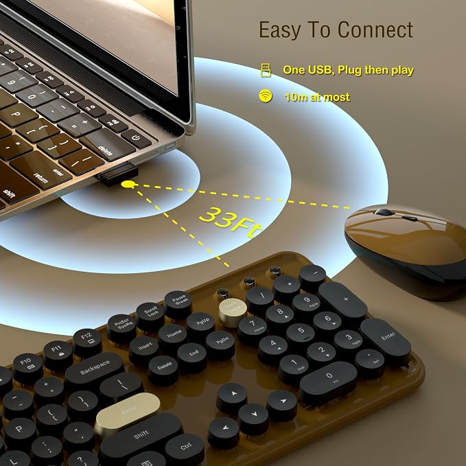 Links9+ Retro Wireless Keyboard and Mouse Combo, 104-Key Full-Size Floating Round Keycaps, 2.4G Plug & Play, USB & Type-C Ready, Ergonomic Set for Mac, Laptop, PC, Windows (Coffee-Black)