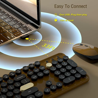 Links9+ Retro Wireless Keyboard and Mouse Combo, 104-Key Full-Size Floating Round Keycaps, 2.4G Plug & Play, USB & Type-C Ready, Ergonomic Set for Mac, Laptop, PC, Windows (Coffee-Black)