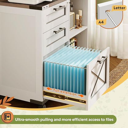 DEVAISE Wood File Cabinet with Charging Station, Mobile Lateral Filing Cabinet with Lock for Home Office, Printer Stand with Open Storage Shelves, Cottage Style White