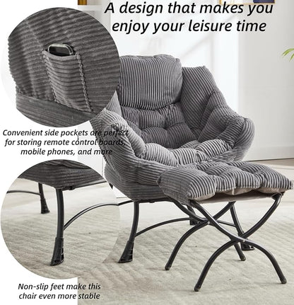 Modern Lazy Chair with Ergonomic Ottoman, Comfortable Lounge Chair with Footrest for Space Saving, Comfy Reading Armchair for Living Room, Bedroom, Office, Grey