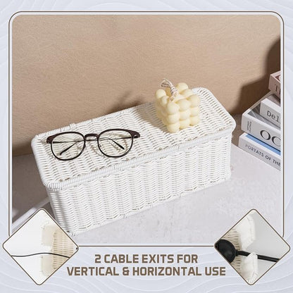 Cable Management Box, Handmade Rattan Cable Organizer with 2 Open Slots, Cord Hider for Power Strip, Router & USB Hub, Registered U.S. Design Patent (D1,112,102), 13" x 5.1" x 5.1", White