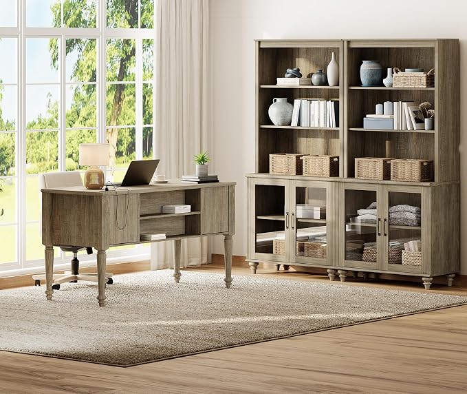 WAMPAT Home Office Furniture Set, 56'' Executive Desk with Charging Station, 72" Tall Bookcase with 4 Glass Doors, Wood Computer Desk with File Cabinet Storage, Open Shelf, Wash Grey