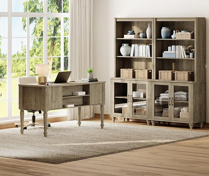 WAMPAT Home Office Furniture Set, 56'' Executive Desk with Charging Station, 72" Tall Bookcase with 4 Glass Doors, Wood Computer Desk with File Cabinet Storage, Open Shelf, Wash Grey