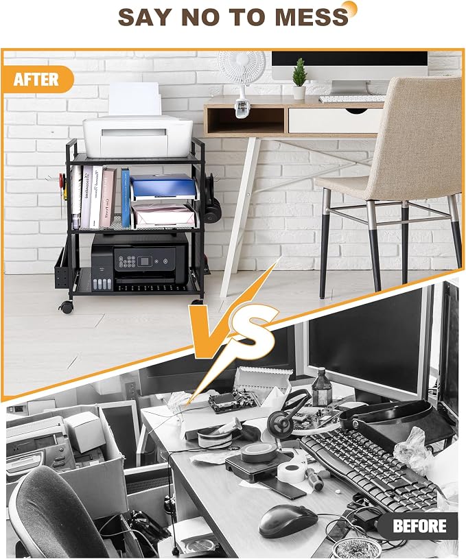 Mythinglogic 3-Tier Rolling Printer Stand with Adjustable Height, Metal Office Organizer Cart, DIY Panels, Lockable Wheels for Home, Office, Kitchen, Gaming