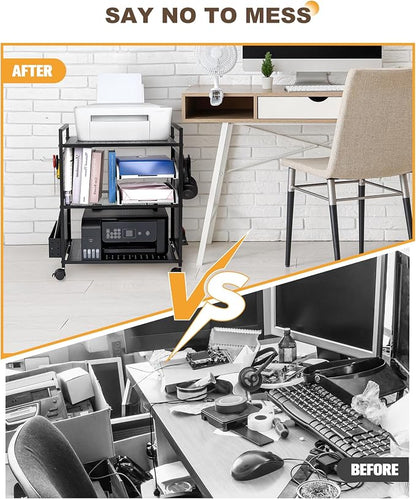 Mythinglogic 3-Tier Rolling Printer Stand with Adjustable Height, Metal Office Organizer Cart, DIY Panels, Lockable Wheels for Home, Office, Kitchen, Gaming