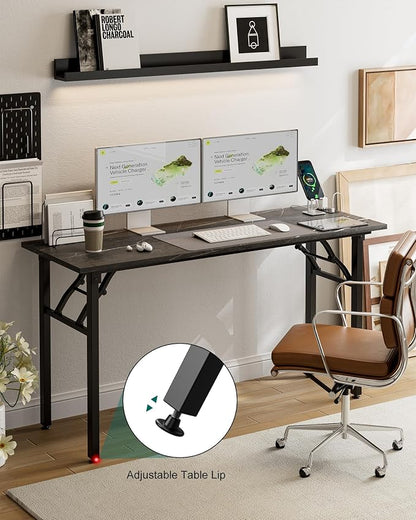 Frylr Small Folding Computer Desk – 55.1 Inch Portable Table for Craft and Study, Lightweight Desk for Small Spaces, Foldable Laptop Table Built-in AC/USB Outlets for Convenience, Marble Greige
