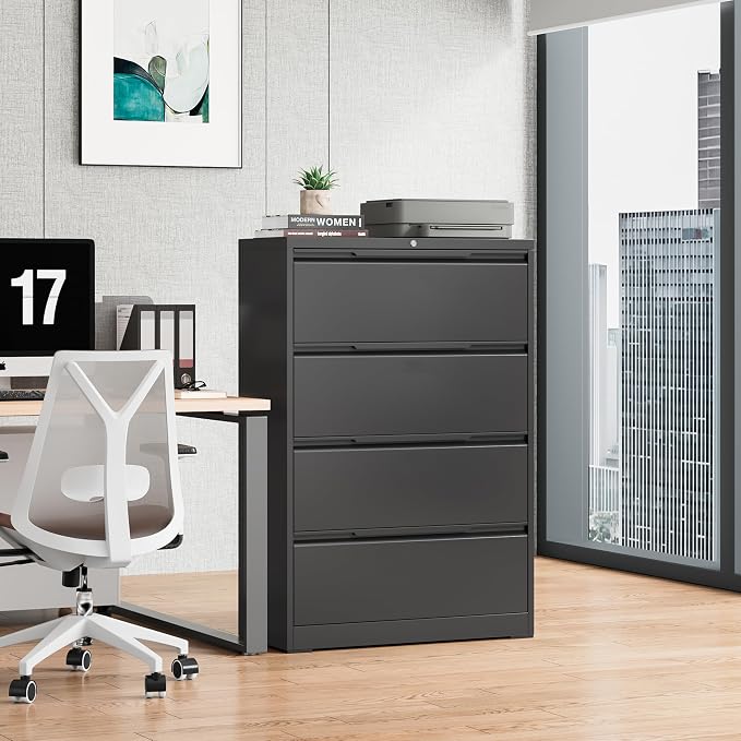 Bestoo 4 Drawer Lateral File Cabinet with Lock Heavy Duty Large Metal Filing Cabinet Home Office Cabinets Wide Steel Cabinets for Legal/Letter Size,Assembly Required Black