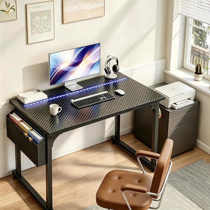 DurayLoly 40" Gaming Desk with Waterproof LED Lights, Carbon Fiber Desktop for Small Spaces | Home Office Study Computer Desk with Storage Bag & Headphone Hook, Black