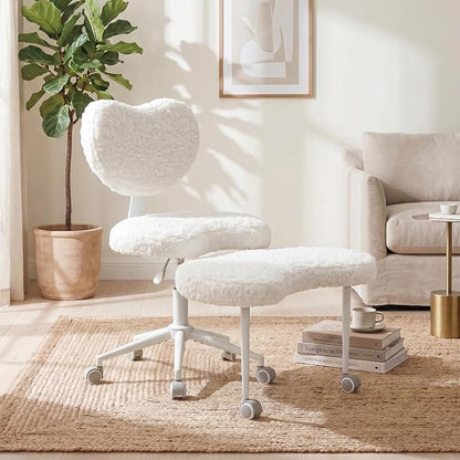 Cross Legged Office Chair with Wheels, 360 Swivel Height-Adjustable Meditation Chair with Lumbar Support, Beige