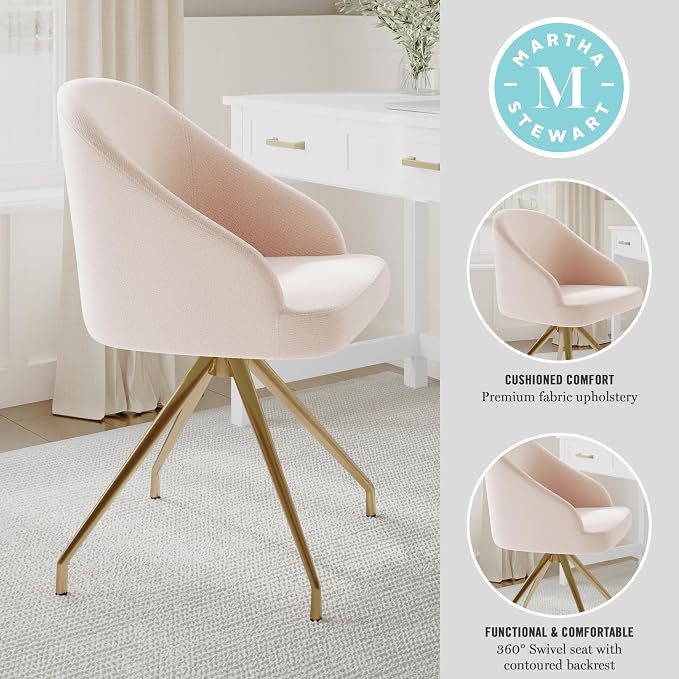 Martha Stewart Sora Stationary Swivel Task Chair with Sloped Arms for Home Office in Conch Shell Fabric with Polished Brass Frame