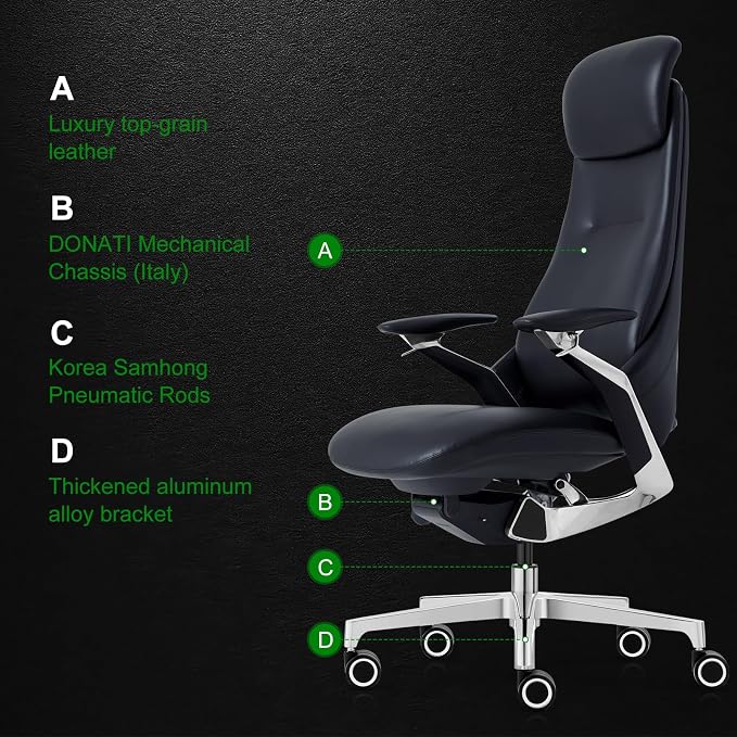 Ergonomic Executive Leather Office Chair-High Back Top Grain Leather with Adjustable Headrest, 3-Position Recline (90°-135°), Tension Control & Height Adjustment, Italian DONATI Base