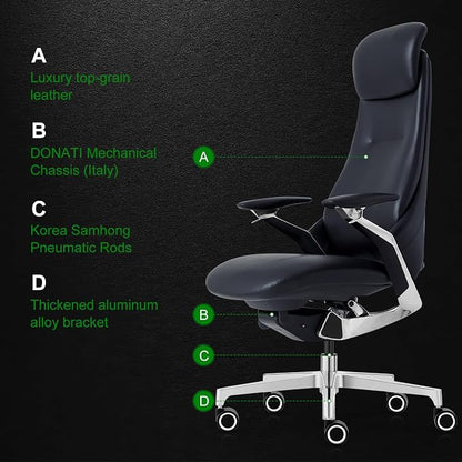 Ergonomic Executive Leather Office Chair-High Back Top Grain Leather with Adjustable Headrest, 3-Position Recline (90°-135°), Tension Control & Height Adjustment, Italian DONATI Base