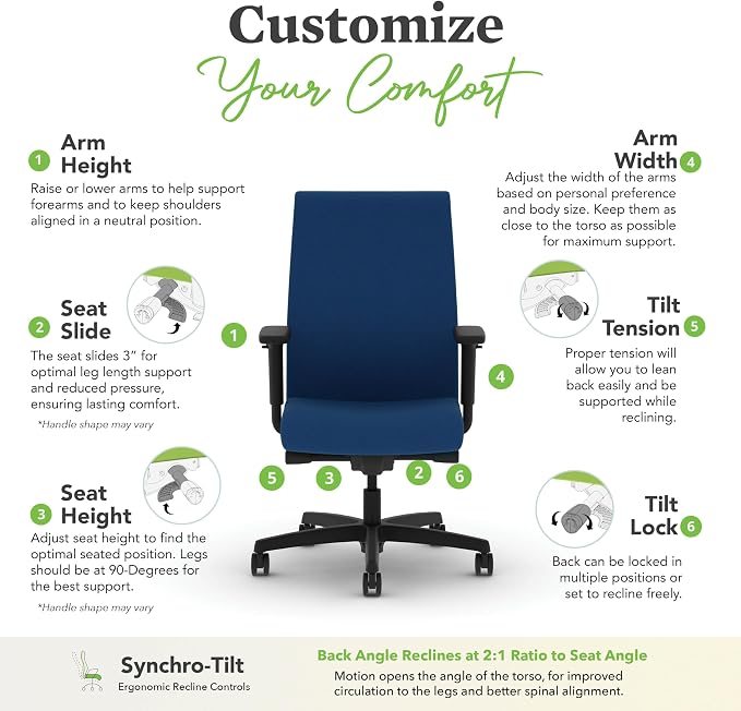 HON Ignition 2.0 Ergonomic Office Chair with Adjustable Arms, Advanced Synchro‑Tilt Recline, Upholstered Desk and Computer Chair for Home Office or Workstation, Black Frame, Indigo