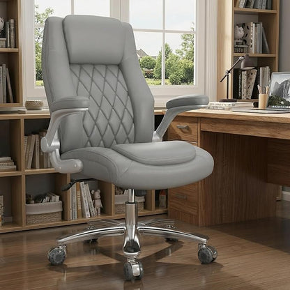 lavimiya Executive Office Chair with Rubber Wheels, Big and Tall Office Chair 400LBS, High Back Leather Computer Desk Chair with Flip-up Armrests and Lumbar Support, Grey