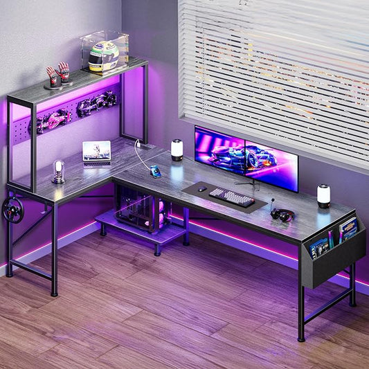 PRAISUN L Shaped Gaming Desk with LED Lights & Power Outlets, Reversible Computer Desk with Storage Shelves & Bag, Large Corner Home Office Desk with Pegboard for Work from Home, Grey