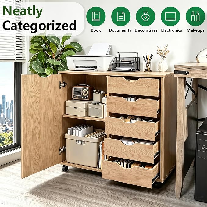 5 Drawer Wood Storage cabinets, Chest of Drawers for Home Office, Printer Stand with Adjustable Shelf (Natural)