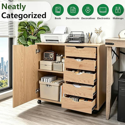 5 Drawer Wood Storage cabinets, Chest of Drawers for Home Office, Printer Stand with Adjustable Shelf (Natural)