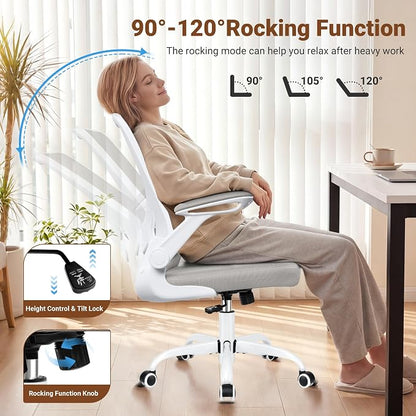 BESTFAIR Ergonomic Office Chair, Mesh Computer Chairs with Lumbar Support, Swivel Desk Chair with Flip-up Arms and Adjustable Height, Light Gray
